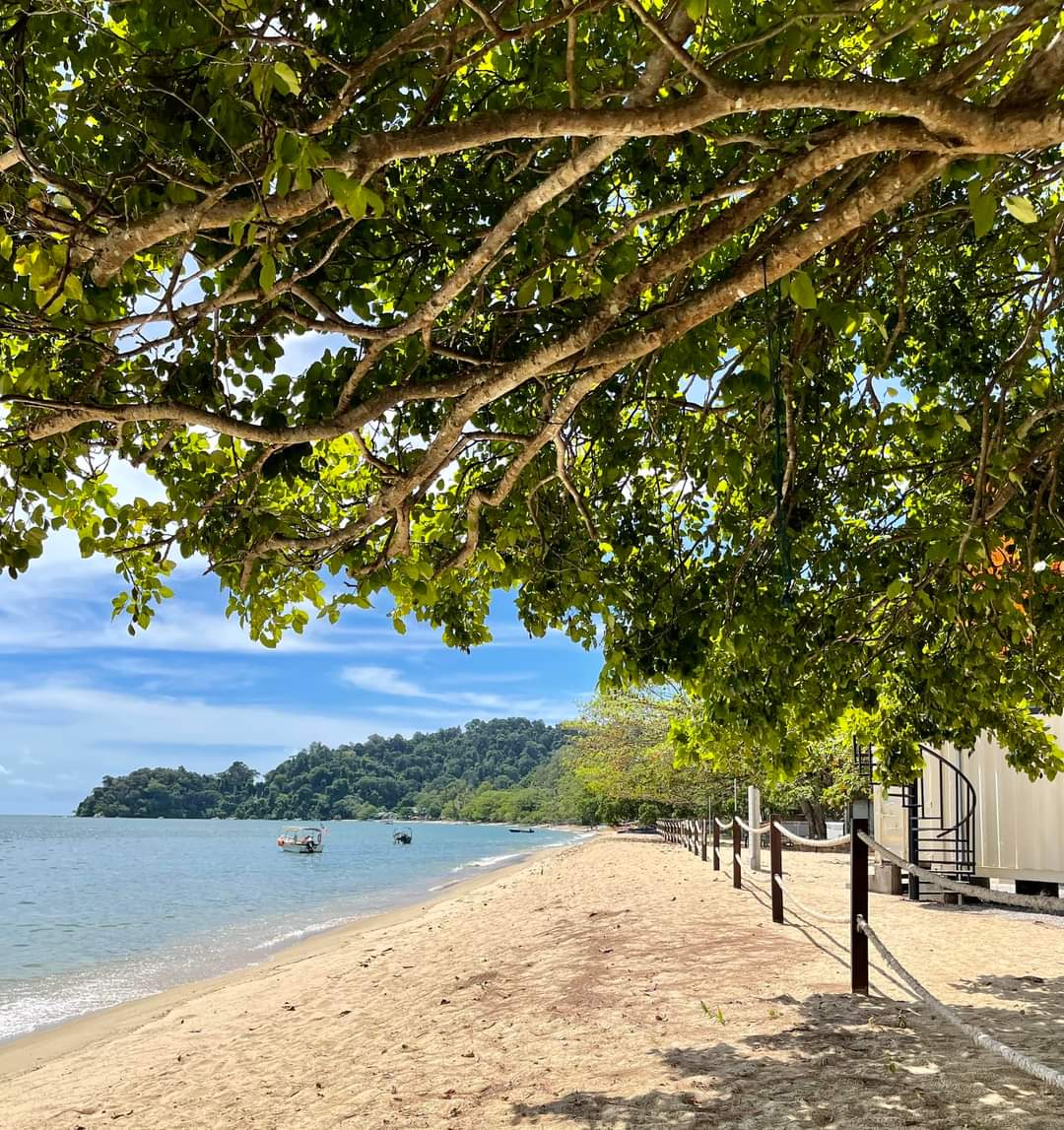 Pantai yang bersih dan tenang, dihiasi ombak yang tenang dan angin yang bertiup lembut."