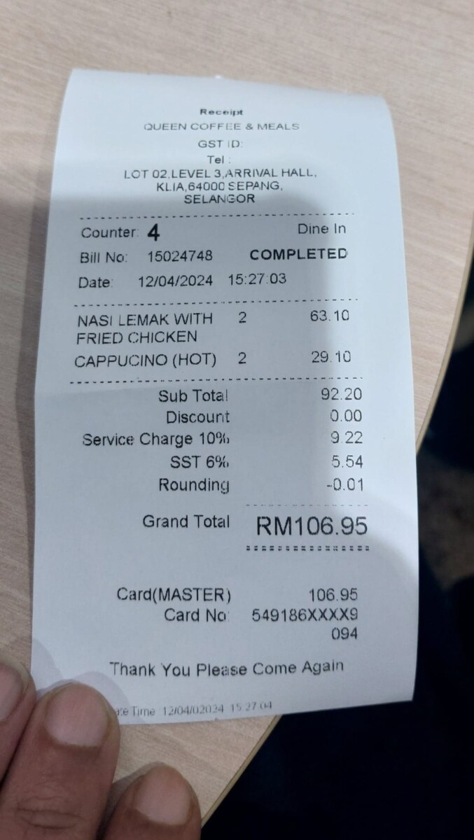 Resit dikongsikan oleh netizen menyatakan perasaan kecewa
