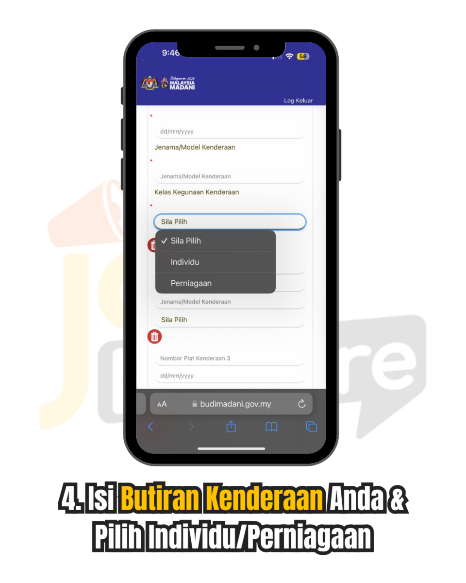 Isi Butiran Kenderaan Anda & Pilih Individu/Perniagaan