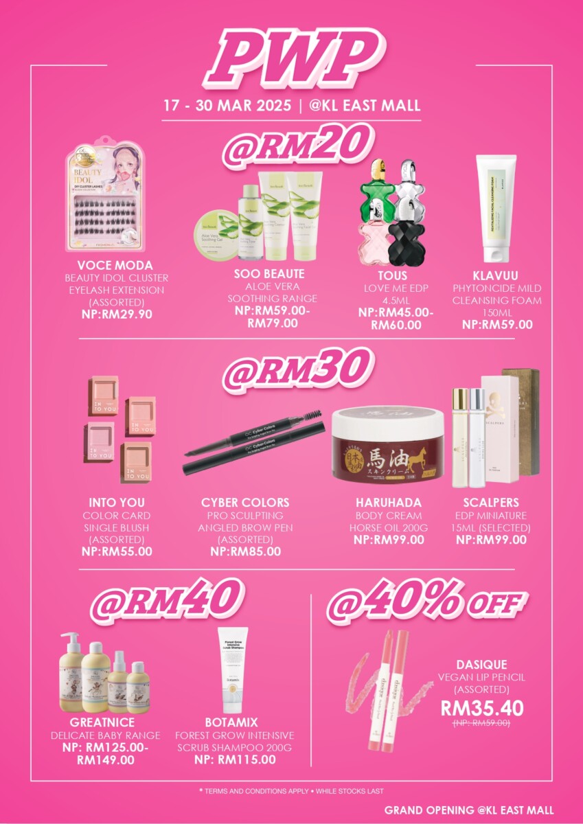 Harga Istimewa! Produk terpilih serendah RM20, RM30, RM40 dengan setiap pembelian tertentu. 