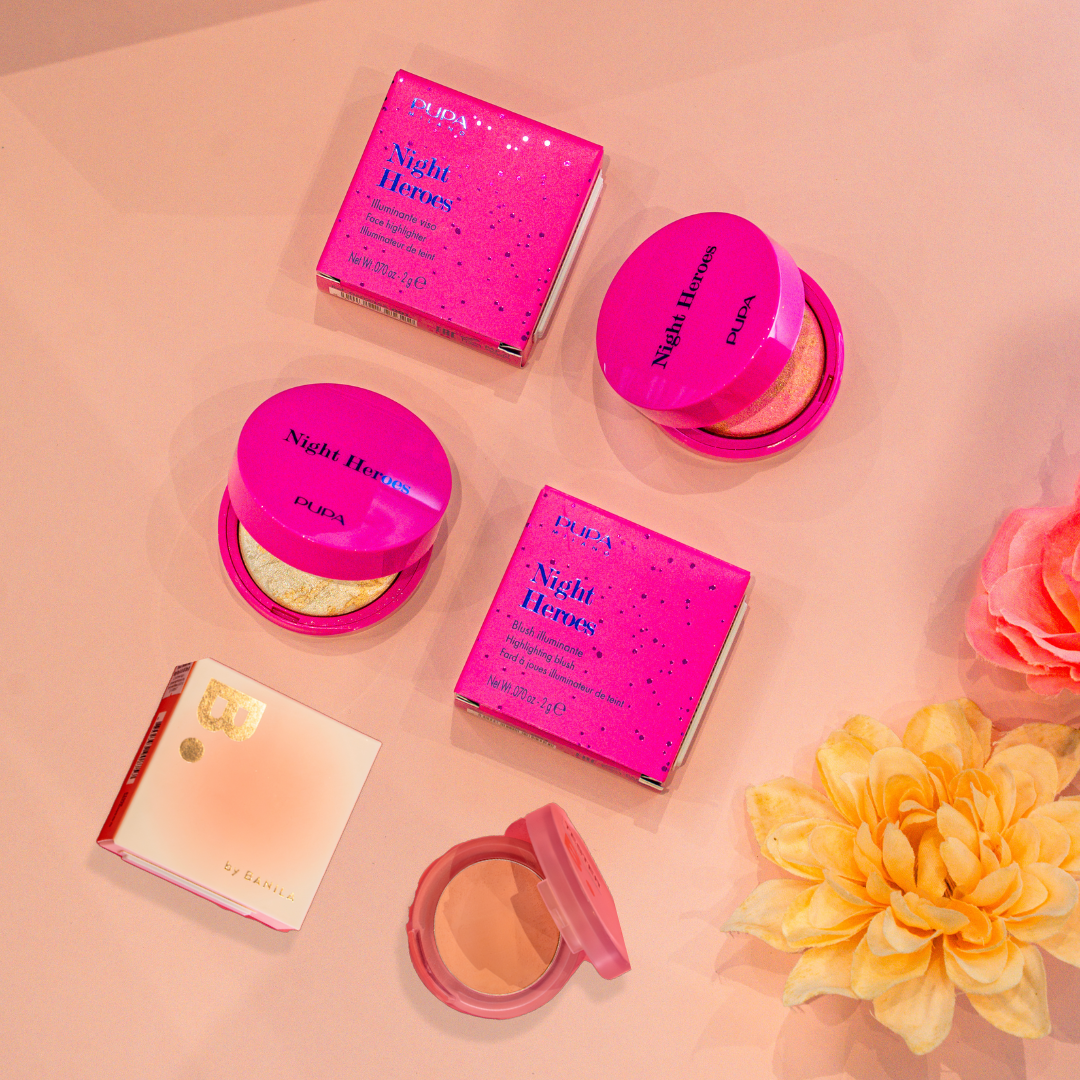 Dapatkan pipi berseri dengan Pupa Night Heroes Face Highlighter & Highlighting Blush, serta asas solekan lebih tahan lama dengan Banila Co Priming Veil Cheek! 