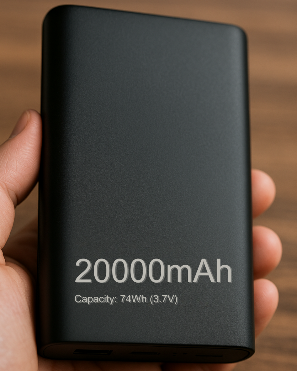 Powerbank berkapasiti 20,000mAh dengan label jelas — penting untuk semakan Wh sebelum naik kapal terbang.