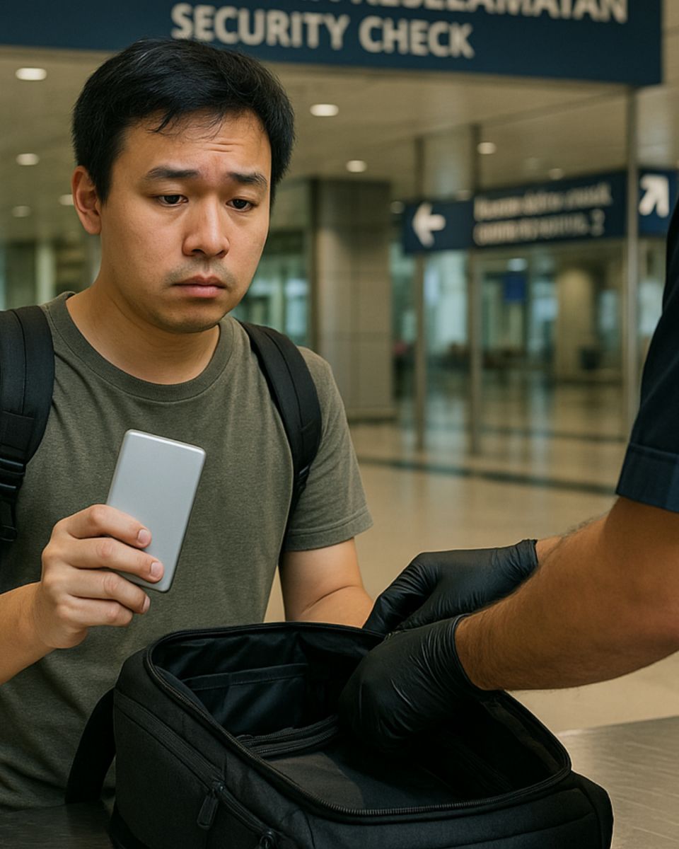 Penumpang di lapangan terbang Malaysia memeriksa powerbank sebelum berlepas — pastikan kapasiti dan cara simpan ikut peraturan penerbangan!