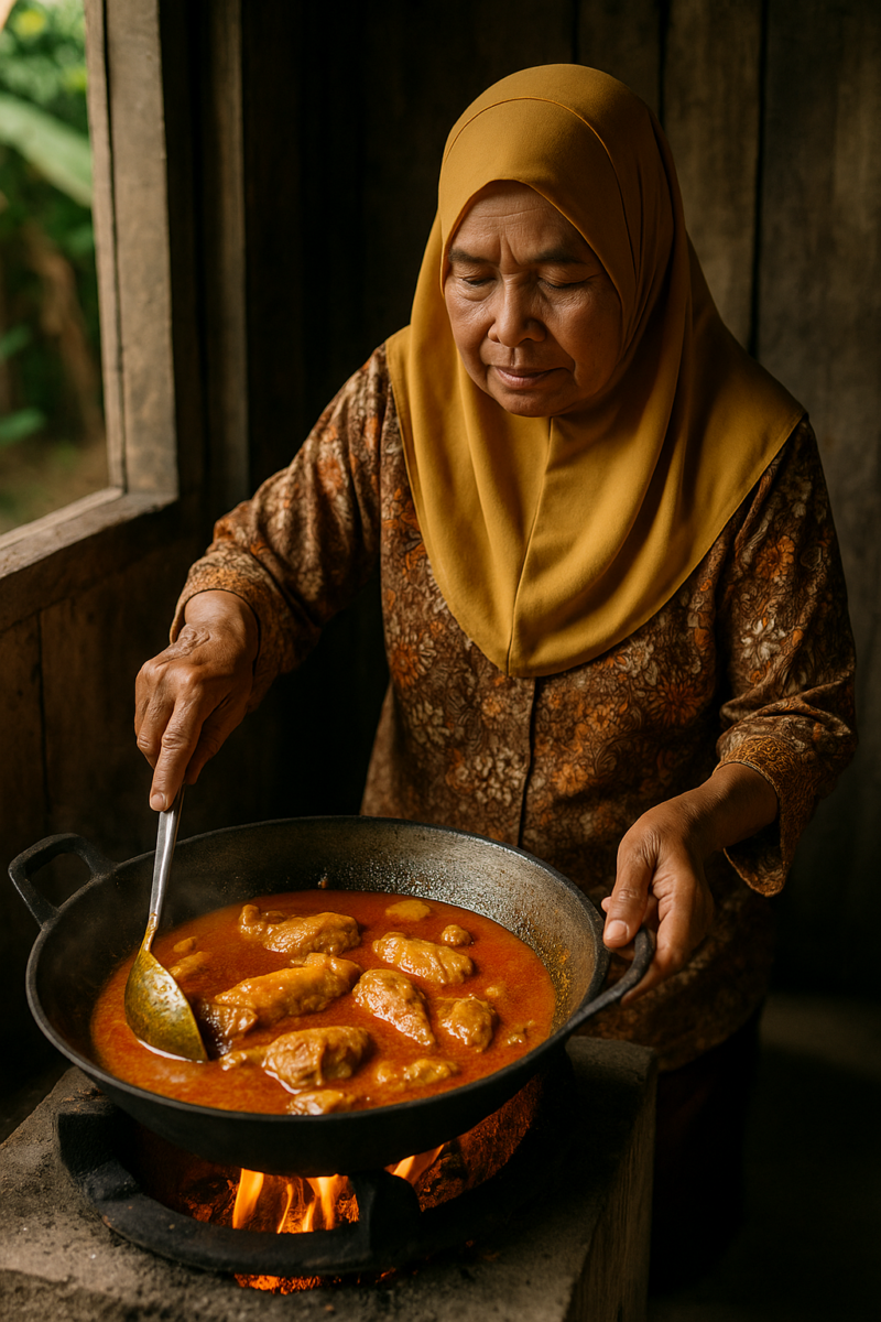 Air tangan kampung — Mak sedang masak kari ayam atas dapur kayu, penuh kasih, penuh rasa. Inilah asal usul kehebatan kari kita.