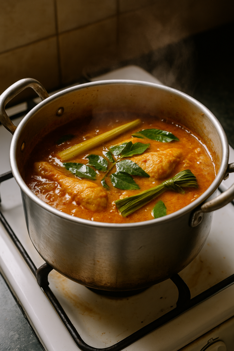 Kari Ayam Malaysia yang sedang mendidih perlahan — kuah pekat, harum daun kari, serai, dan pandan. Inilah rahsia rasa autentik kita! 