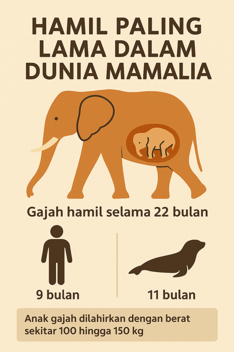 Gajah mempunyai kehamilan terpanjang – 22 bulan, lahir seberat 100-150 kg, otak matang untuk belajar kemahiran hidup sejak awal.