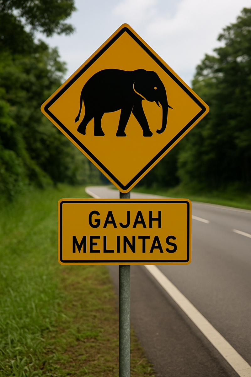 Papan tanda gajah melintas untuk keselamatan hidupan liar di Malaysia.