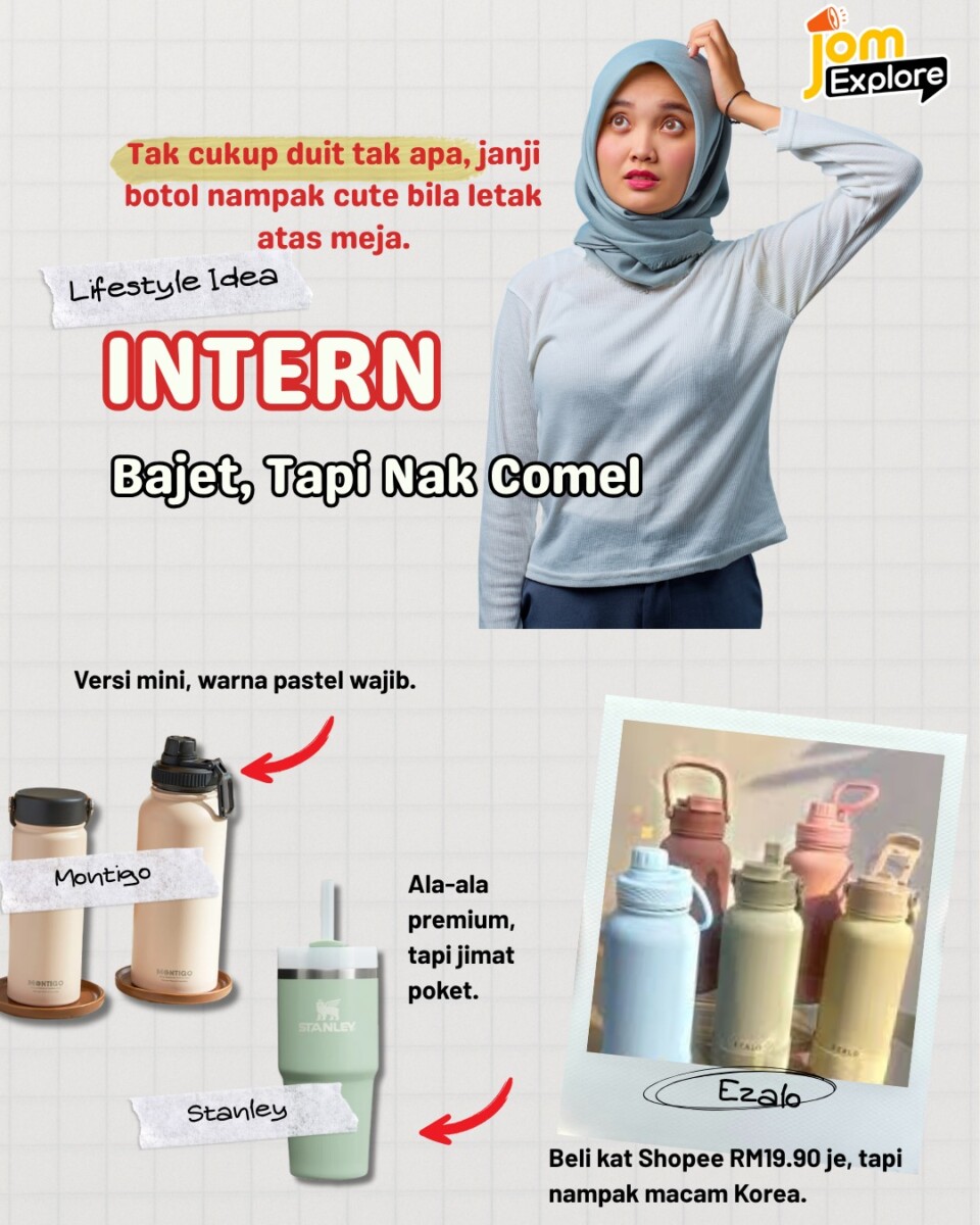 Intern pun ada gaya — Ezalo pastel, Montigo Mini, Stanley Shopee pun jadi.Janji nampak Korea sikit bila letak atas meja