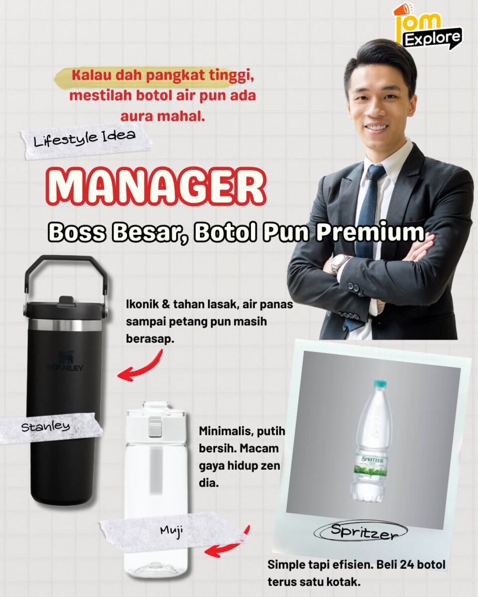 Stanley, Muji, atau… sekotak Spritzer — pilihan manager yang sibuk, bergaya dan tak suka benda remeh.
