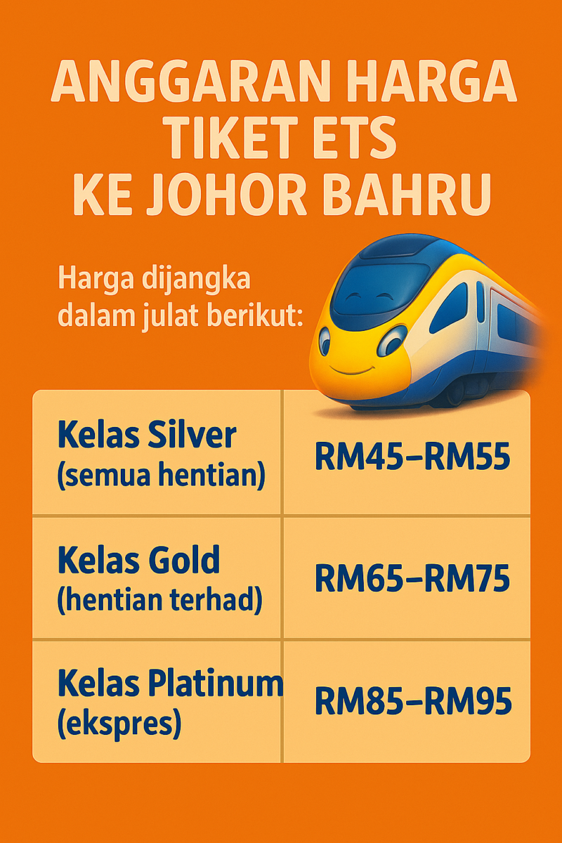 Harga tiket ETS ke JB, bermula dari RM45.