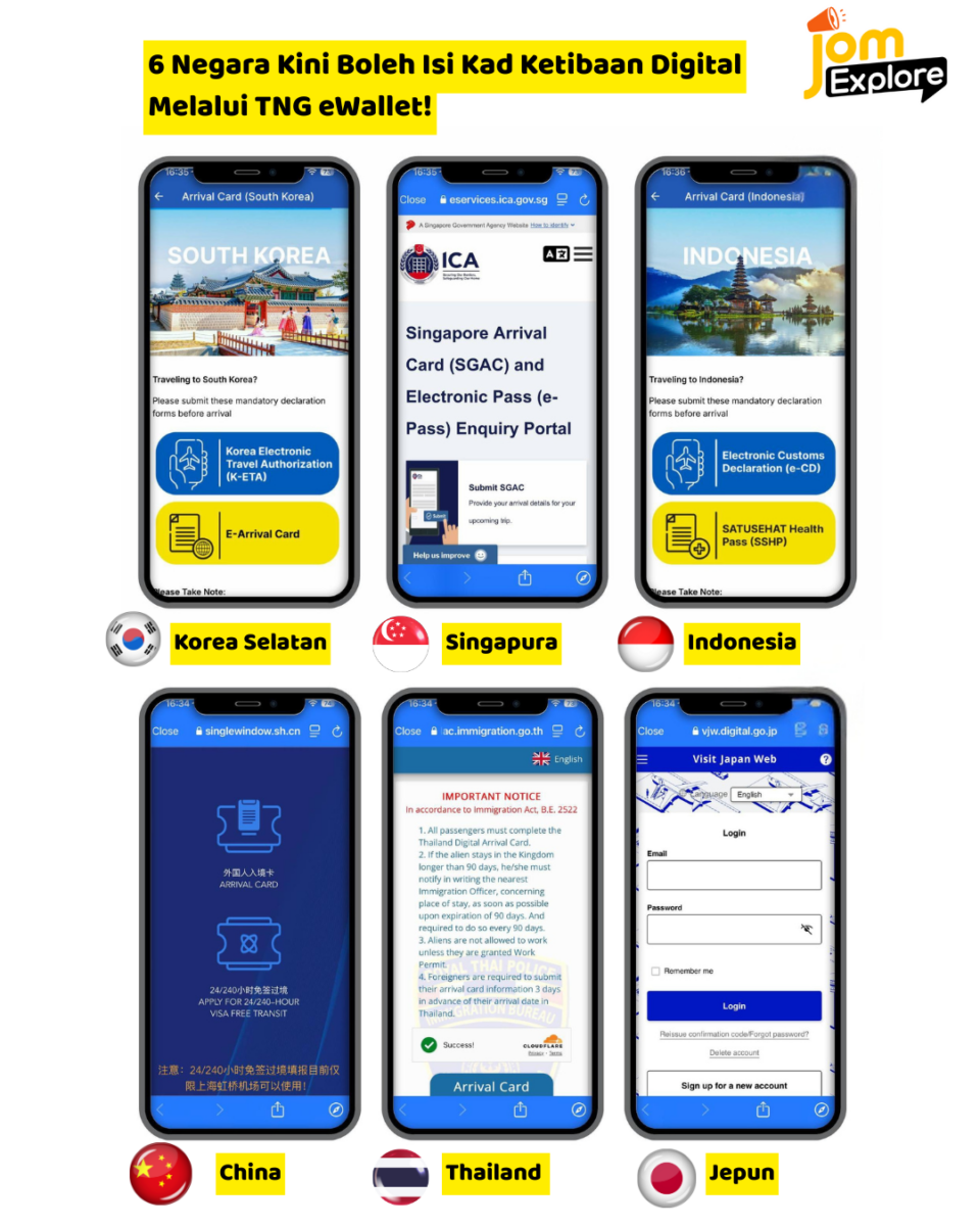 China, Jepun, Korea, Thailand, Singapura & Indonesia kini sokong kad ketibaan digital melalui TNG eWallet. Mudah & terus dapat QR!