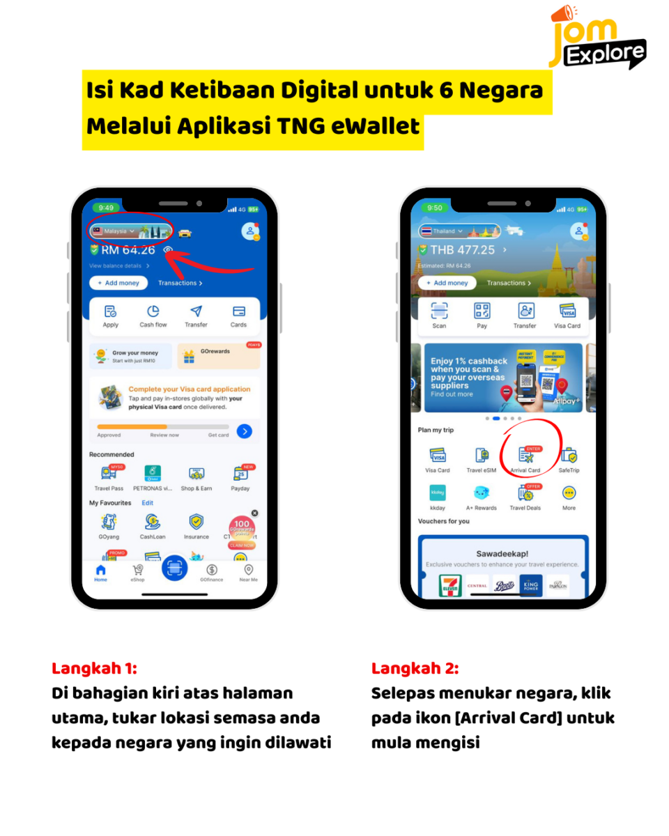 Isi kad ketibaan digital kini mudah! Guna TNG eWallet, pilih negara, isi maklumat, dan terus dapat kod QR!
